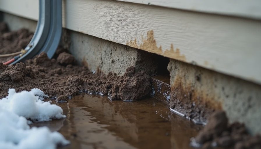 House foundation during spring thaw with wet soil and water staining