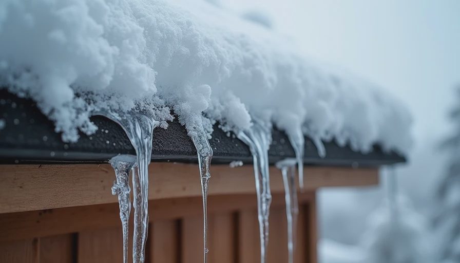 Close-up of ice dam and icicles on roof edge with trapped snow