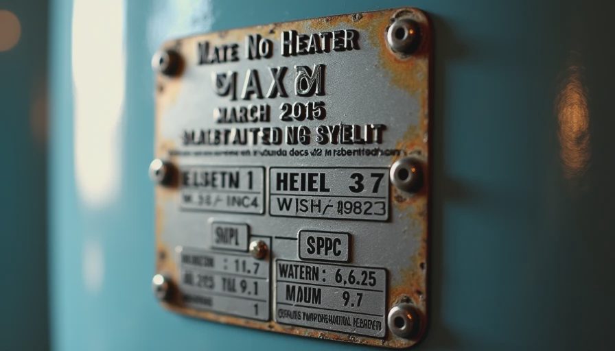 Close-up of water heater data plate showing manufacture date and specifications