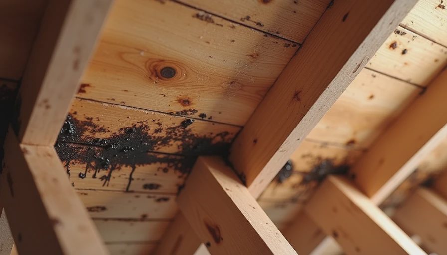 Attic roof sheathing with water stains showing leak history