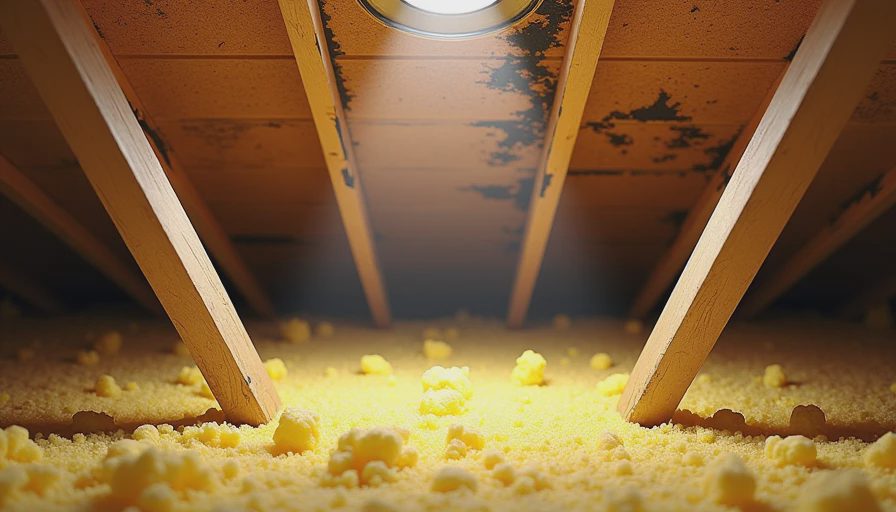 Attic interior with insulation and water stain on roof sheathing