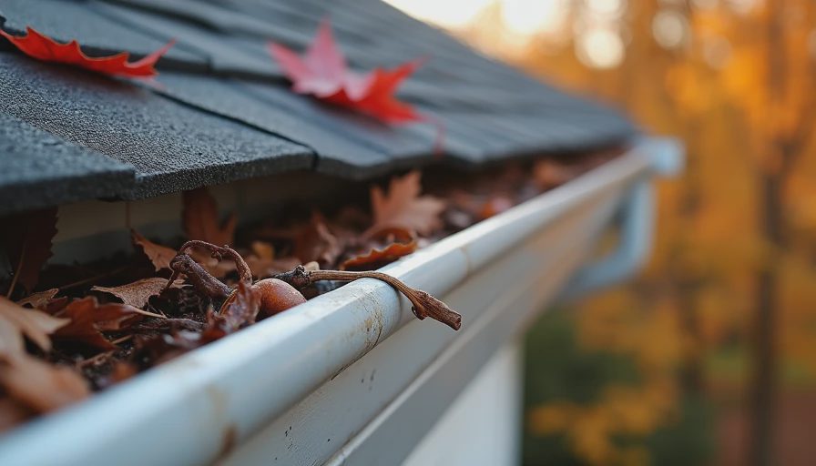 Close-up of clogged gutter filled with fall leaves and debris