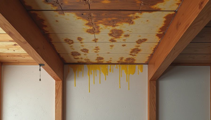 Attic cross-section view showing water leak path from roof to stained ceiling drywall