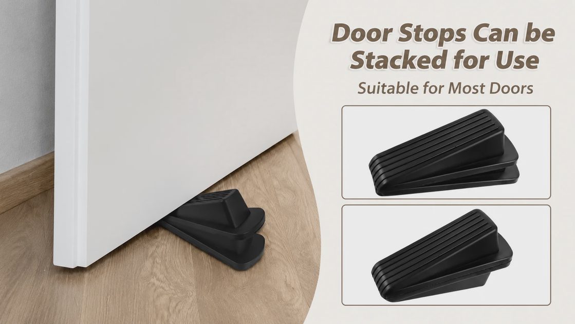 Stackable rubber door stops that can be stacked together to fit doors with higher clearance gaps.