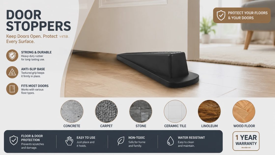 Heavy duty rubber door stoppers for concrete, carpet, stone, ceramic tile, linoleum, and wood floors.