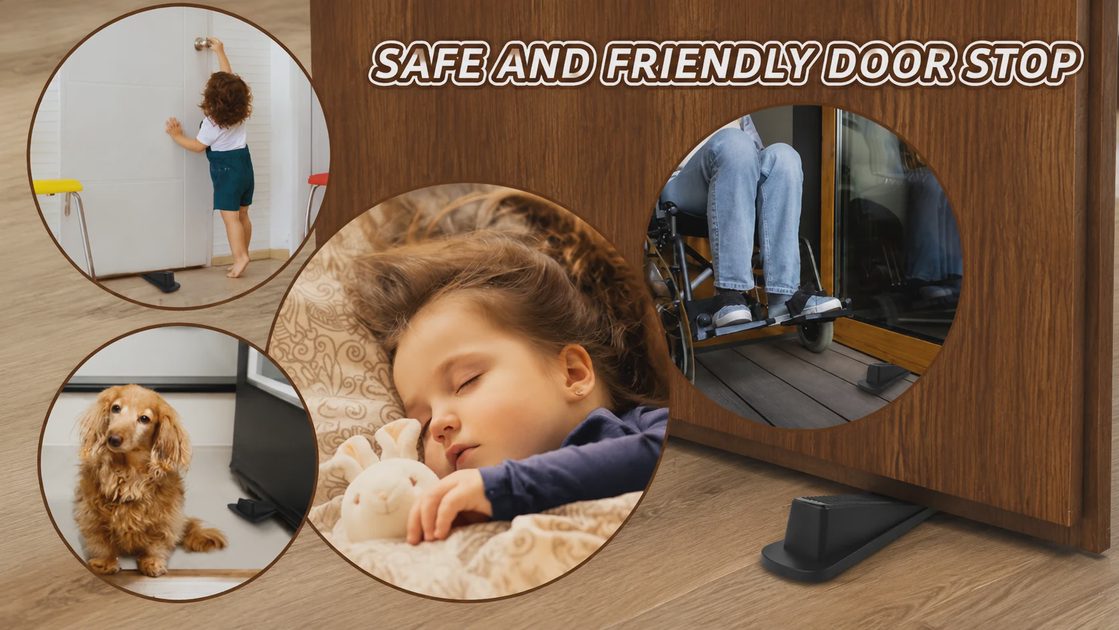 Safe non-slip rubber door stop keeping children, pets, sleeping babies, and wheelchair users secure.