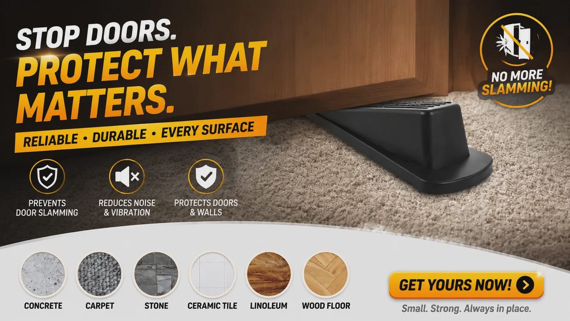 Anti-slamming rubber door wedge on carpet featuring a Get Yours Now shop button and surface compatibility icons.